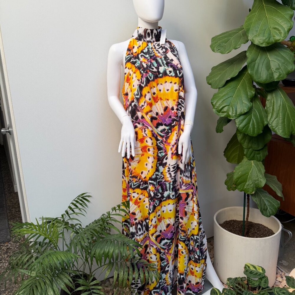 NWT Flowy Soft Floral & Butterfly Bright Print Halter Maxi Dress with Pockets